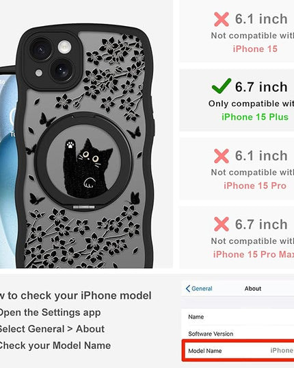 Wavy Case for iPhone 15 Plus Case with Stand [Compatible with MagSafe] Cute Black Cat & Floral & Butterflies Pattern Design, Kawaii 360 Magnetic Ring Kickstand Phone Cover for Women Girls