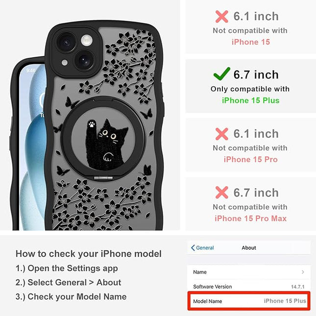 Wavy Case for iPhone 15 Plus Case with Stand [Compatible with MagSafe] Cute Black Cat & Floral & Butterflies Pattern Design, Kawaii 360 Magnetic Ring Kickstand Phone Cover for Women Girls