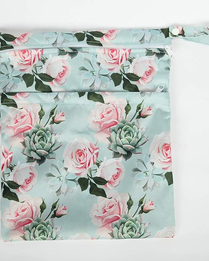 Wet Bag Baby Cloth Diaper Nappy Reusable Washable With Two Pockets Girls (Succulent Roses)