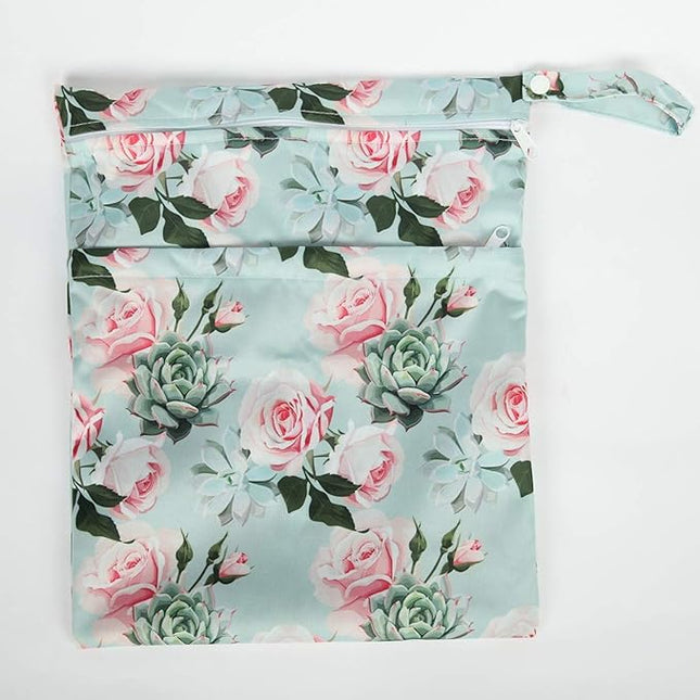 Wet Bag Baby Cloth Diaper Nappy Reusable Washable With Two Pockets Girls (Succulent Roses)