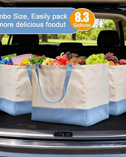 Reusable Grocery Bags Heavy Duty, 8.3 gal Foldable Large Canvas Tote Bag with Handles, Holds 60 lbs Canvas Shopping Bags, 3 Pack（Off White+Light Blue）