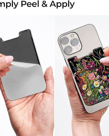 Rossy Cell Phone Wallet Adhesive Card Holder Stick on Wallet Pocket Lycra Credit Card ID Case With Wildflowers Stylish Pattern for Back of Phone for All Smartphones