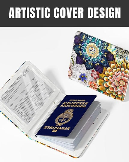 Rimilak Passport Holder, RFID Blocking Passport Cover Wallet Travel Essentials, Leather Travel Air Ticket Documents Organizer Protector for Women and Men, Mandala Flower