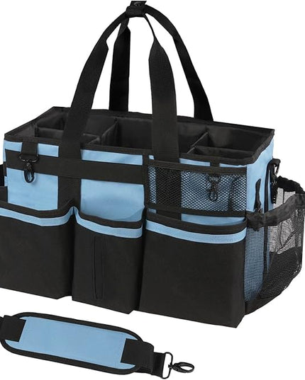 Wearable Cleaning Caddy, Cleaning Caddy Supplies Organizer with Handle & Shoulder Straps for Housekeepers, Under Sink & Car Cleaning Tool Organizers Bag with 4 Foldable Divider (Blue)