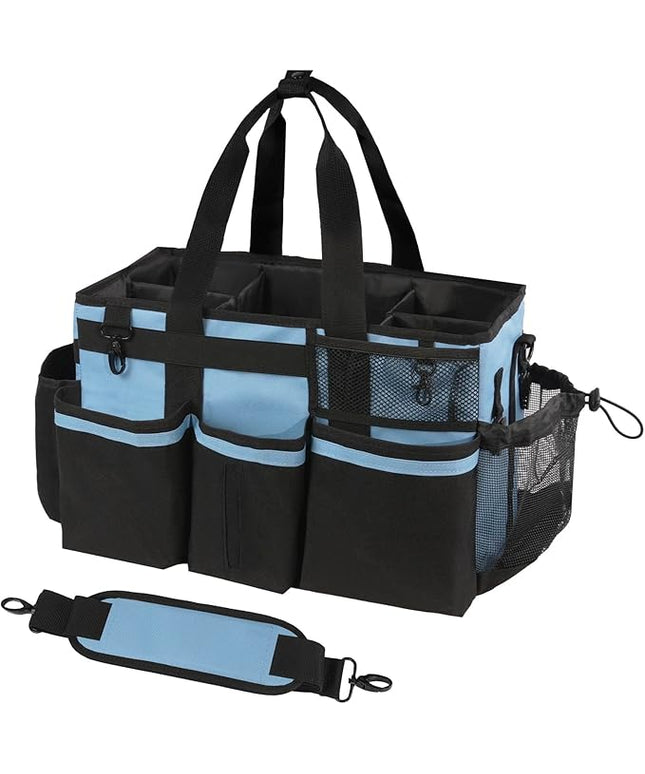 Wearable Cleaning Caddy, Cleaning Caddy Supplies Organizer with Handle & Shoulder Straps for Housekeepers, Under Sink & Car Cleaning Tool Organizers Bag with 4 Foldable Divider (Blue)