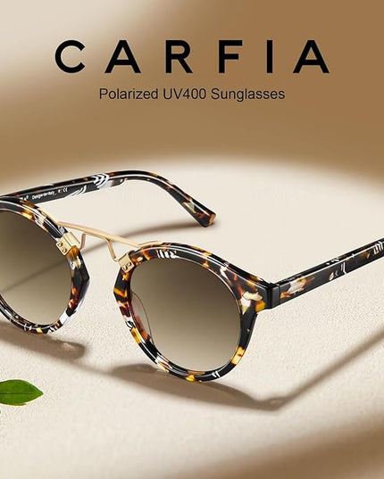 CARFIA Small Face Acetate Polarized Sunglasses for Women UV Protection, Retro Double Bridge Eyewears Metal Brow Round Sunnies