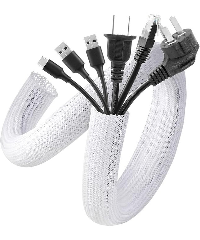 AGPTEK White Cable Sleeve Cover, 2 Pack 5ft - 1.2 inch Desk Cord Organizer Cable Hider, Home Office Wire Management Computer TV Wire Loom Tubing, Pet Proof Cord Protector, from Cat Dog Chewing, White