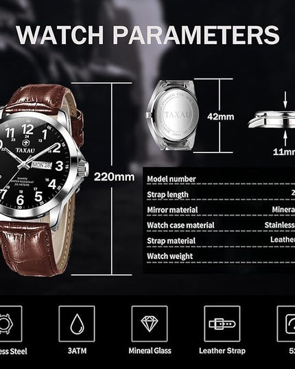 Men's Watches Leather Band Stainless Steel Quartz Analog Watch Luxury Waterproof Watches for Men Dress Men's Wrist Watch with Day Date Arabic Numeral Relojes para Hombre