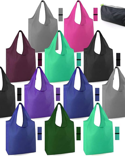 BeeGreen Groceries Reusable Bags for Shopping Compact Cute Solid Color Cloth Grocery Totes Set of 12 Fold up Packable Recycling Shopper Baggies w Zipper Carry Pouch for Supermarket