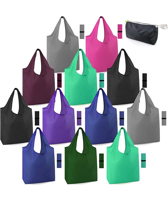 BeeGreen Groceries Reusable Bags for Shopping Compact Cute Solid Color Cloth Grocery Totes Set of 12 Fold up Packable Recycling Shopper Baggies w Zipper Carry Pouch for Supermarket