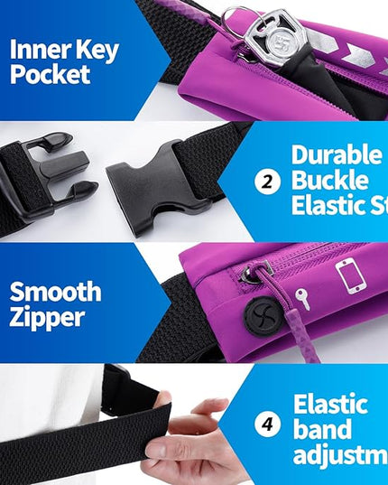 USHAKE Slim Running Belt for Women Men-Runners Phone Holder Fanny Pack, Adjustable, Bounce Free Waist Pouch bag for Workout, Money Belt, Run Gear Accessories Purple