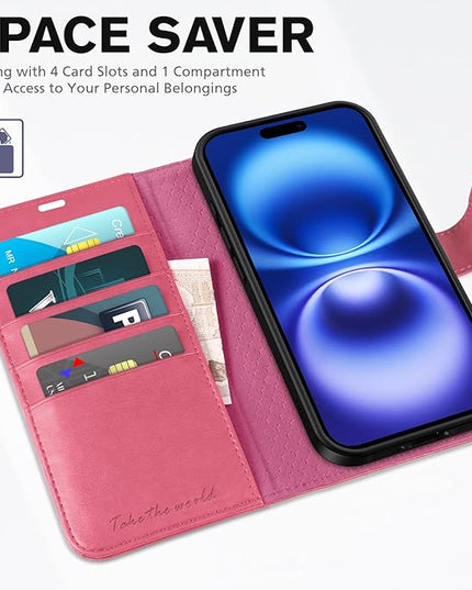 TUCCH Wallet Case for iPhone 16, Kickstand PU Leather Magnetic Protective Flip Cover with [RFID Blocking] [4 Card Slots] [TPU Interior Case] Compatible with iPhone 16 5G 2024, Hot Pink
