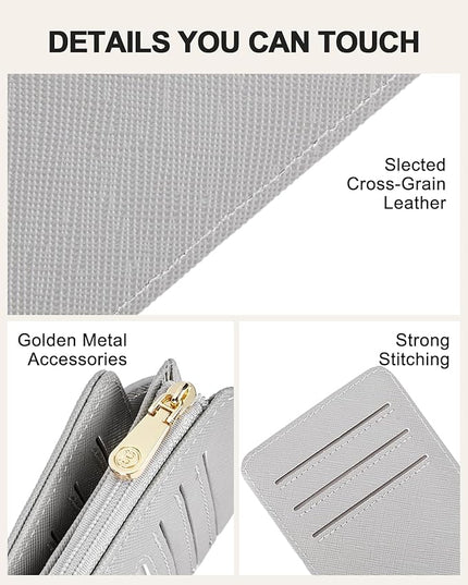 BOSTANTEN Slim Wallet Women RFID Blocking Card Holder Leather Bifold Wallet with Zipper Pocket Grey