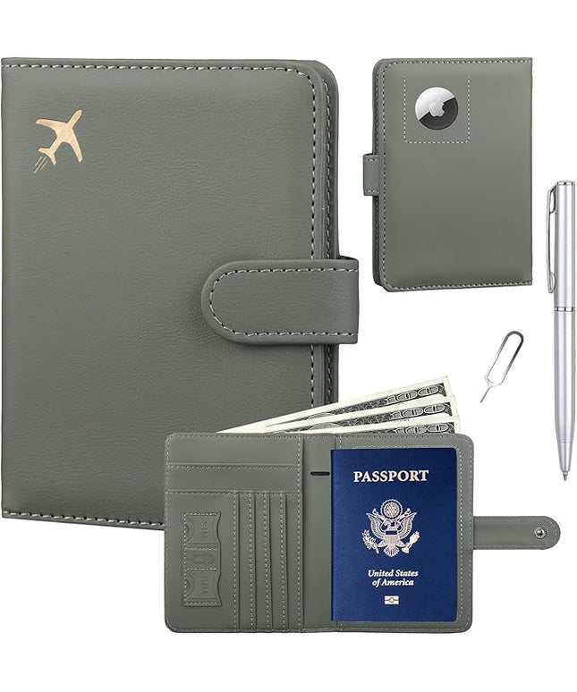 GOAUS Passport Holder for Travel with AirTag Slot Cards Cash Pocket, Faux Leather Travle Wallet Gifts for Women Men RFID Blocking Book Case Green, AirTag Not Included