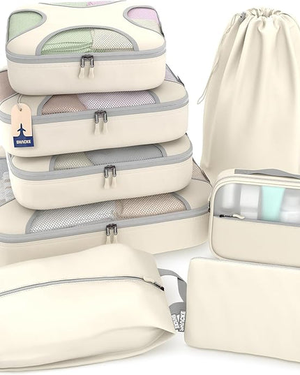 Shacke Premium 8 Packing Cubes Set - Lightweight Mesh Travel Luggage Organizers with Laundry Bag, 8-Piece Suitcase Storage System (Sand)