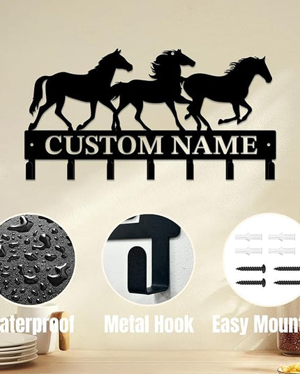 Personalized Custom Name Farm Horse Wall Key Hooks,Metal Horse Art Clothes Hooks,Metal Horse Wall Home Storage Decorative,For Front Door, Hallway, Kitchen, Bedroom,Keys,Hats (Style G)