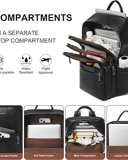 Shrrie Leather Laptop Backpack for Women, 17 inch Large Travel Laptop Backpack Purse for Casual Daypack College Work Bag