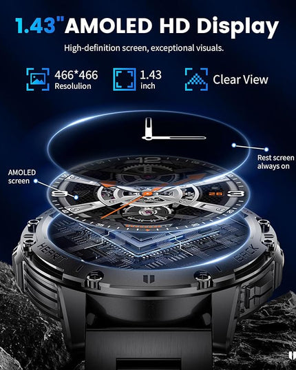 LIGE 1.43" AMOLED Smart Watch for Men with Flashlight, Bluetooth Calling, 100+ Sport Modes, 530mAh, IP68 Waterproof Fitness Tracker for Workout, iOS Android Compatible, Black Steel Camouflage Silicone