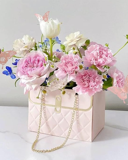 JHXTZ 10 Pack Flower Paper Gift Bags with 12pcs Rose Gold 3D Butterfly Decoration, Portable Floral Handbag Box with Metal Chain, Florist Carrier for Valentine's Day Birthday Gifts (Pink)