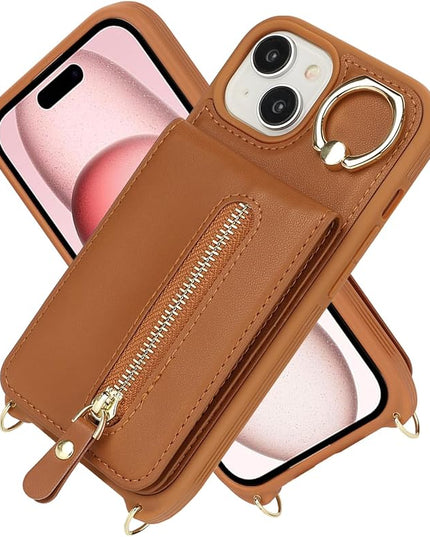 for iPhone 15 Wallet Case with Card Holder, for iPhone 15 Case Wallet with Strap Credit Card Slot, Crossbody Bag with Zipper Case for iPhone15 - Brown