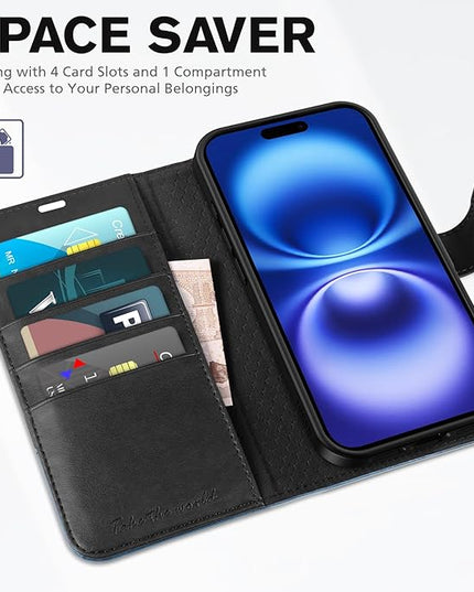 TUCCH Case Wallet for iPhone 16, Protective [TPU Shockproof Inner Shell], PU Leather [RFID Blocking] [4 Card Holder] Magnetic Closure Stand Cover Compatible with iPhone 16, Black&Light Blue