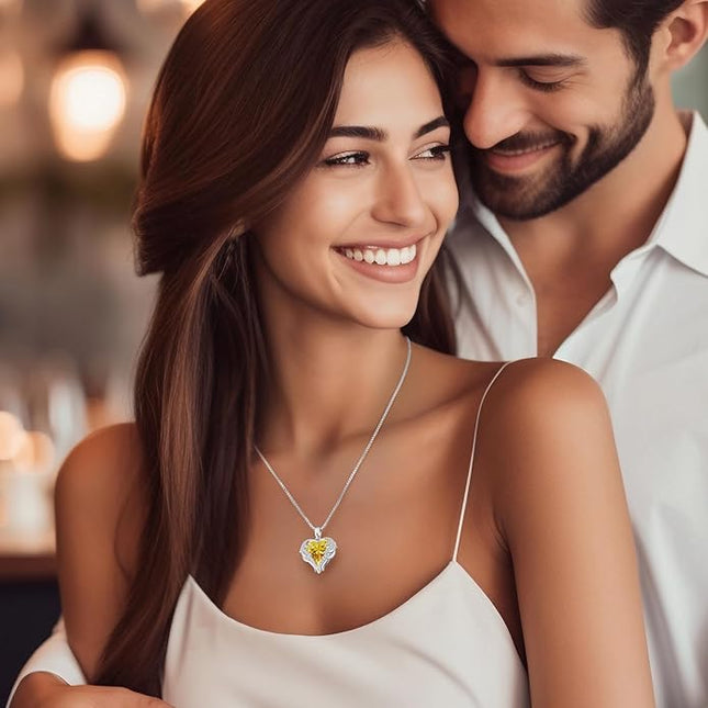 CDE Christmas Gifts for Women Angel Wings Necklace for Women with Birthstone, Love Heart Silver Tone/Gold Tone Pendant, Ideal Anniversary or Birthday Jewelry Gifts for Wife Girlfriend Her
