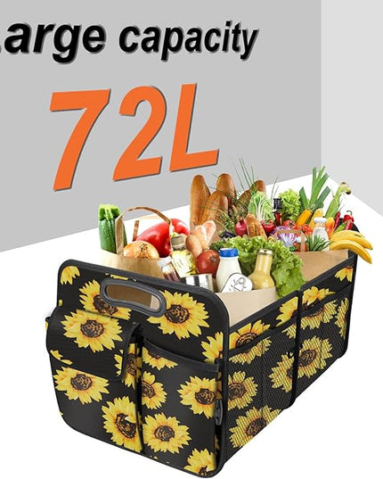 Trunk Organizer, Collapsible Trunk Organizers and Storage, Car Accessories for Women and Men, Multi-Compartment Trunk Storage Organizer for SUV, Car, Mini-Van - Sunflower