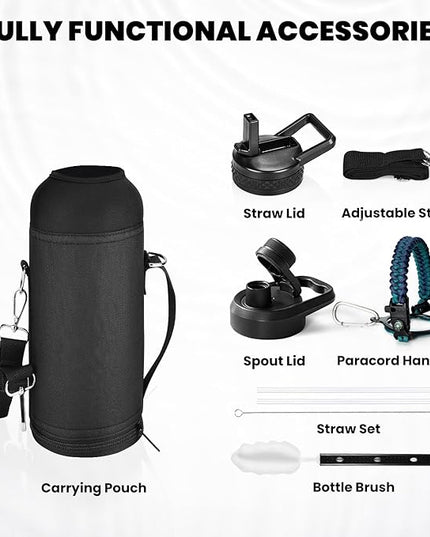 Insulated Water Bottle 40 oz, Triple Wall Vacuum Stainless Steel (Cold for 48 Hrs), Leak Proof & Non-BPA, Modern Water Flask Jug with Paracord Handle & Straw Spout Lids, Cyan Blue