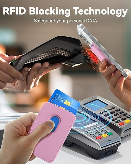 Magnetic Wallet Cell Phone Card Holder for Phone Case with Mag-Safe, Stronger Magnetic RFID Leather Phone Wallet Stick on Series of iPhone 17/16/15/14/13/12 and Pro/Promax, Pink