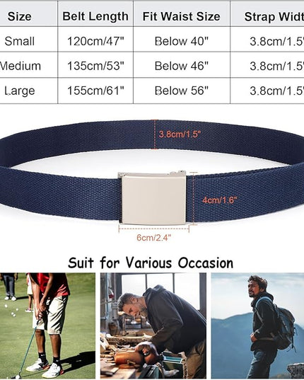 WHIPPY Canvas Web Belt Flip-Top Solid Black Military Buckle Fully Adjustable Mens Webbing Belts Cut To Fit
