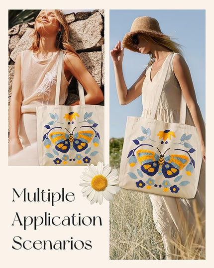 Aesthetic Embroidery Tote Bag for Women - Reusable Canvas Cute Shoulder Bag for Shopping, Grocery, Work, Book