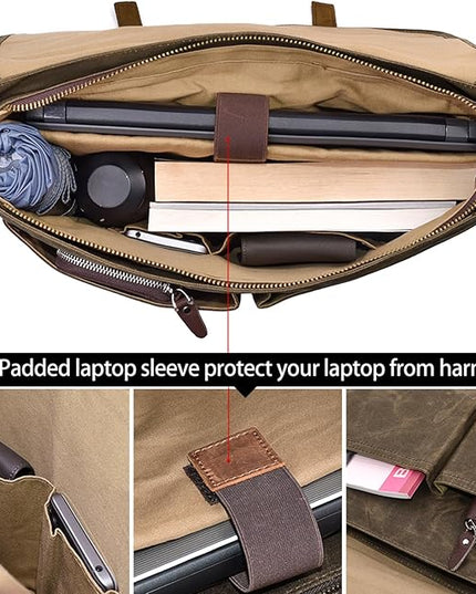 Mens Messenger Bag 15.6 Inch Waterproof Vintage Genuine Leather Waxed Canvas Briefcase Large Leather Computer Laptop Bag Rugged Satchel Shoulder Bag, Coffee