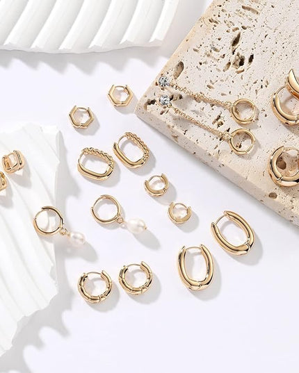 9 Pairs Gold Chunky Hoop Earrings Set for Women, 14K Gold Plated Twisted Huggie Hoop Earring Hypoallergenic, Lightweight Thick Open Hoops Earrings Jewelry Gifts.