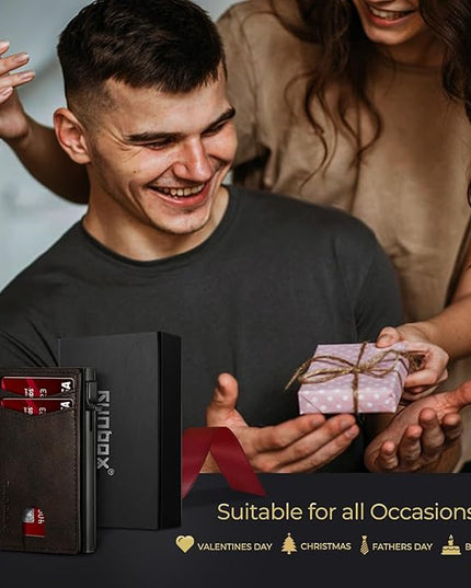 RUNBOX Slim Card Wallet for Men with ID Window – Minimalist RFID Wallet, Pop-Up Function, Ultra Thin Design, Metal Business Card Case Holds 8+ Cards, Gifts for Men, Men's Accessories