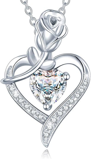 AGVANA Christmas Gifts Rosy Reverie Birthstone Necklace for Women Sterling Silver Genuine or Created Gemstone Rose Flower Heart Pendant Necklace Anniversary Birthday Gifts for Women Mom Wife Her