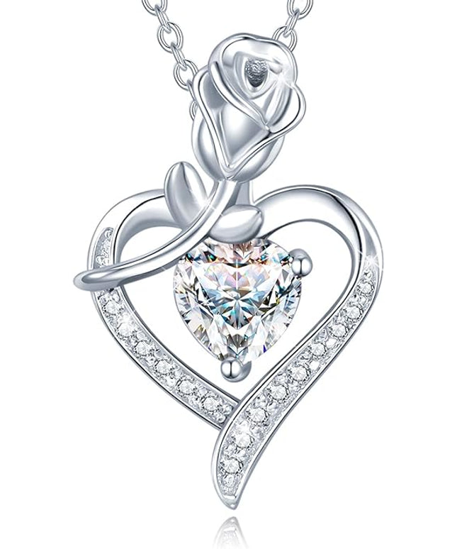 AGVANA Christmas Gifts Rosy Reverie Birthstone Necklace for Women Sterling Silver Genuine or Created Gemstone Rose Flower Heart Pendant Necklace Anniversary Birthday Gifts for Women Mom Wife Her