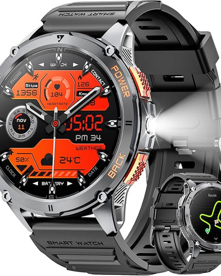 Military Smart Watches for Men with GPS, 1.43" AMOLED Bluetooth Call Smartwatch with LED Flashlight, Smart Watch for Android iOS, IP68 Waterproof Fitness Tracker with Heart Rate (Black)