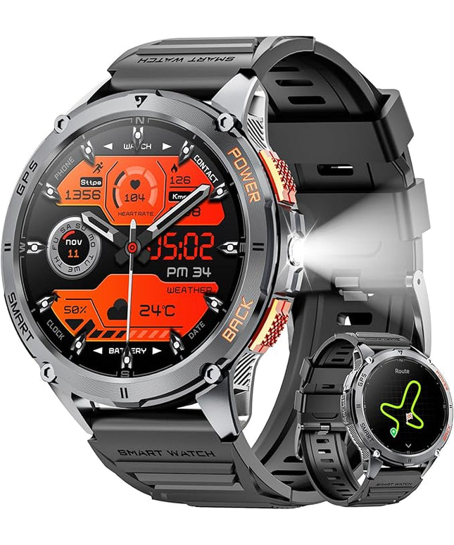 Military Smart Watches for Men with GPS, 1.43" AMOLED Bluetooth Call Smartwatch with LED Flashlight, Smart Watch for Android iOS, IP68 Waterproof Fitness Tracker with Heart Rate (Black)