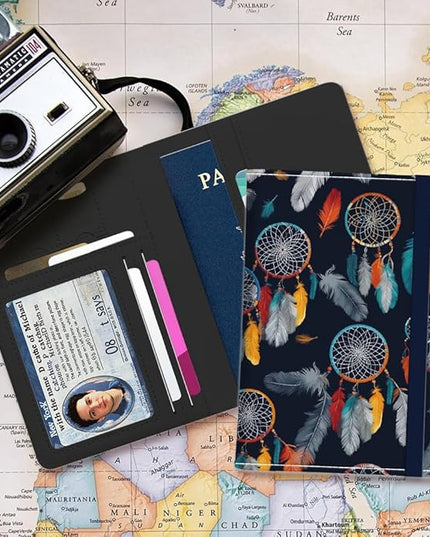PU Leather Passport Holder Cover 5.9×4.3 Inch with Credit Card Slot and Boarding Pass Slot Combo Blocking Passport Holder Wallet Cover Case for Travel Boarding Essentials (Dreamcatcher)