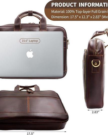 Jack&Chris Full Grain Leather Briefcase for Men, Business Messenger Bag Laptop Bag Attache Case, Fits 15.6 Inch Laptop