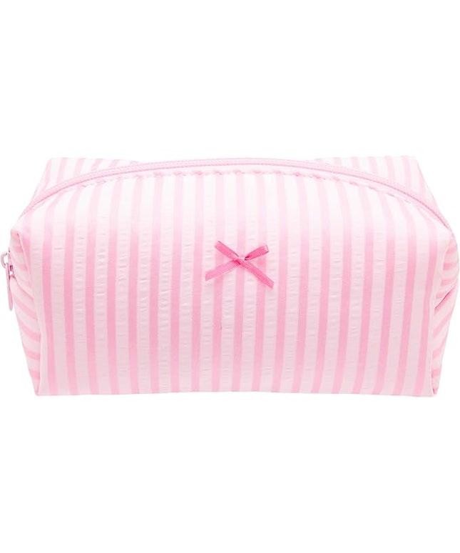 Cozy Makeup Bag Small Aesthetic Travel Zipper Cosmetic Pouch for Women Make Up Beauty Accessories Brushes, Stripe Cute Pink