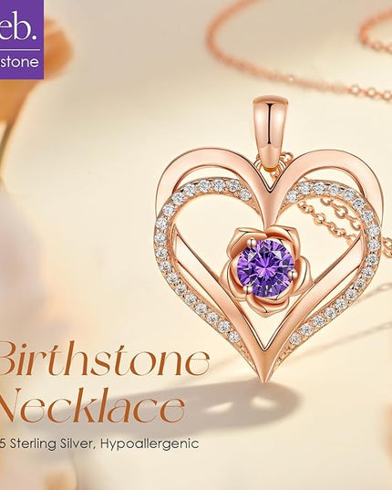 CDE Christmas Gifts for Women S925 Silver Rose Gold Heart Birthstone Necklaces for Women，Ideal Anniversary or Birthday Jewelry Gifts for Wife Girlfriend Her