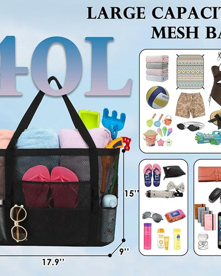 Mesh Beach Bag, Large Beach Tote with Zipper Pocket, Toys Pool Bag for Family Travel Vacation Cruise Essentials