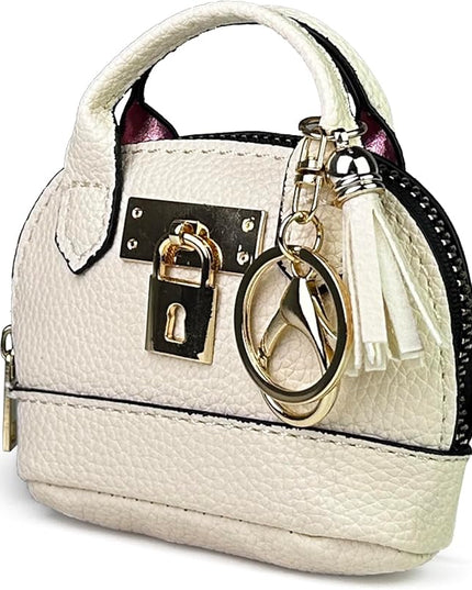 Plinvo Cute Genuine Leather Keychain Coin Purse for Women with Tassels Mini Change Pouch Brown (Off white)