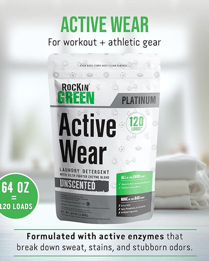 Rockin' Green Laundry Detergent, Plant based, All Natural Laundry Detergent Powder, Vegan and Biodegradable Odor Fighter, Safe for Sensitive Skin (Active Wear 120 Loads - Unscented)