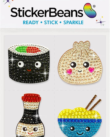 StickerBeans® Rhinestone Stickers - Savory & Sushi 4-Pack, 2” x 2” Each, Unique Sparkly Cut-to-Shape for Collecting, Trading, Decorating Laptops, Phone Cases, Scrapbooks, for Kids, Teens, & Adults