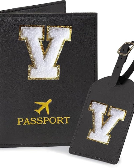 COSHAYSOO Black Passport Cover and Initial Luggage Tag Set TSA Approved with Preppy Chenille Letter Patch for Women Girl Friends, Trendy Travel Bag Backpack Suitcase Identifier Personalized Gifts (V)