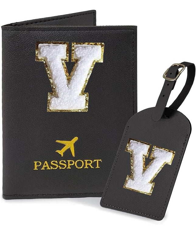COSHAYSOO Black Passport Cover and Initial Luggage Tag Set TSA Approved with Preppy Chenille Letter Patch for Women Girl Friends, Trendy Travel Bag Backpack Suitcase Identifier Personalized Gifts (V)