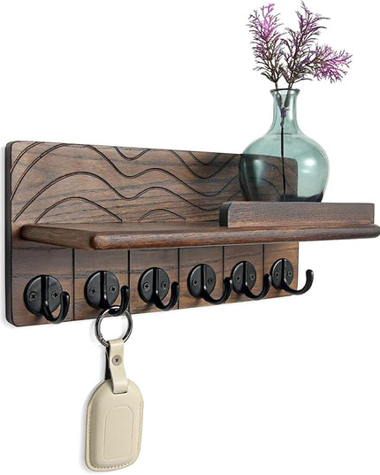 Qriosidy Key Holder Wall Decor-11.8" Solid Ash Wood Entryway Organizer with 6 Hooks & Extra Deep Storage Rack for Key, Mail, Wallet, Leash, Glasses, Hand-Polished & Stained, Easy-Assembly