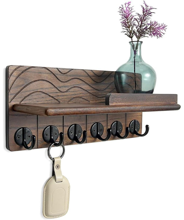 Qriosidy Key Holder Wall Decor-11.8" Solid Ash Wood Entryway Organizer with 6 Hooks & Extra Deep Storage Rack for Key, Mail, Wallet, Leash, Glasses, Hand-Polished & Stained, Easy-Assembly